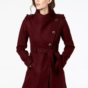 Guess Navy Blue Asymmetrical Belted Wool Wrap Coat, Size Medium